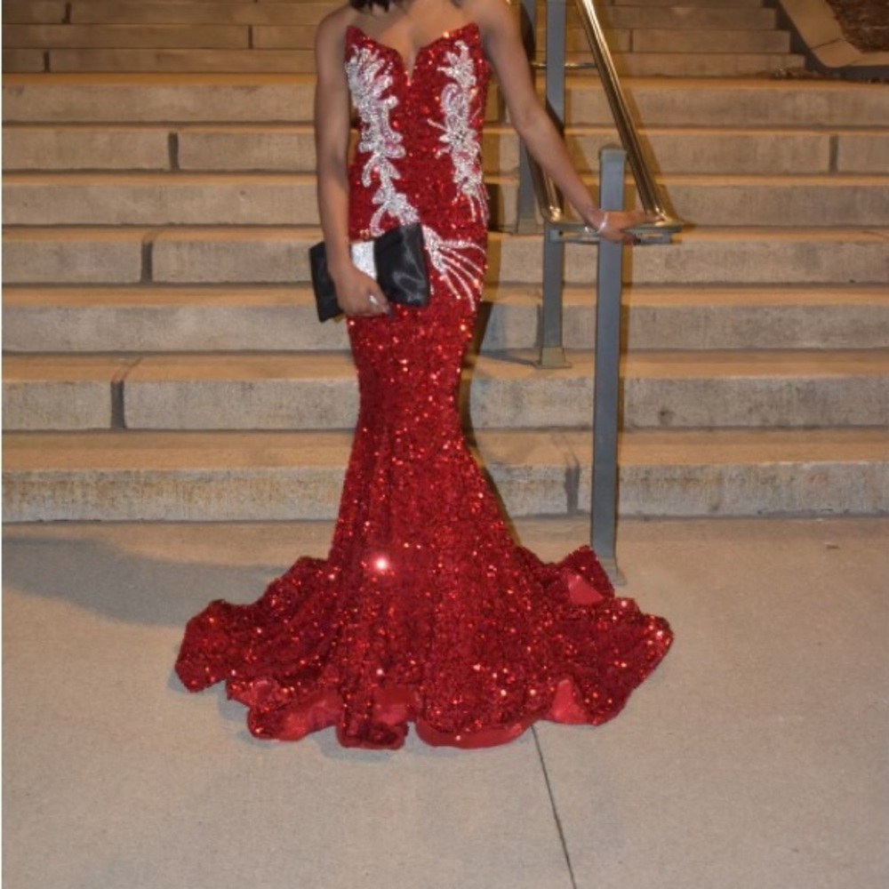 Custom made red prom dress/ sequined with rhinestones